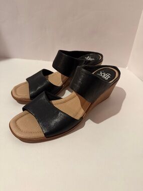 Sofft Black Leather Two-Band Wedge Slide Sandals